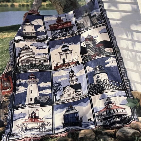 Goodwin Weavers Lighthouses Triple Woven Tapestry Afghan 48x67 Beach Nautical - Picture 1 of 4